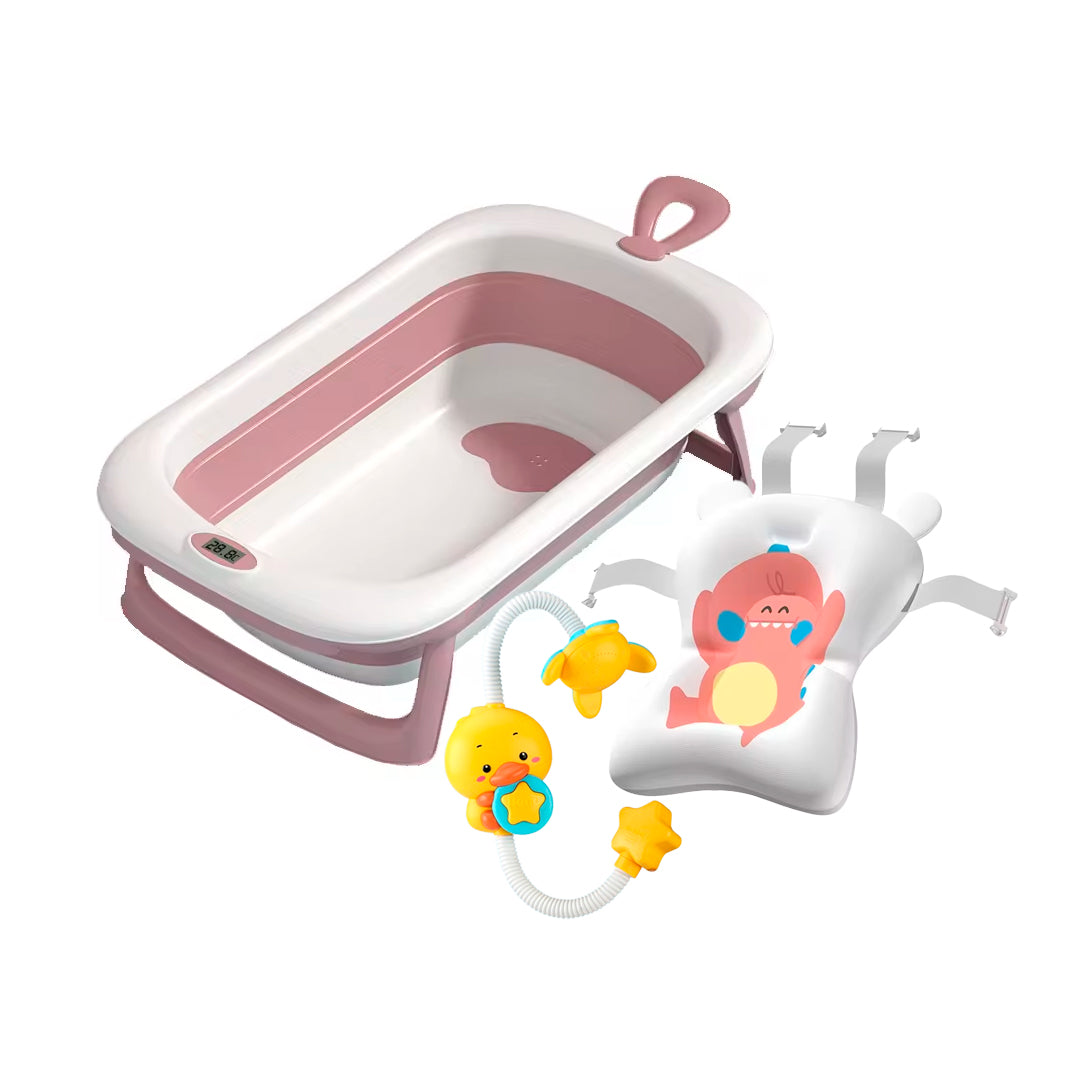 Combo Bañera plegable, almohadilla y ducha eléctrica de patito para bebé, bañera con patas antideslizantes y termómetro, ducha con rotación 360° y almohadilla de material suave de rápido secado - Maxibaby