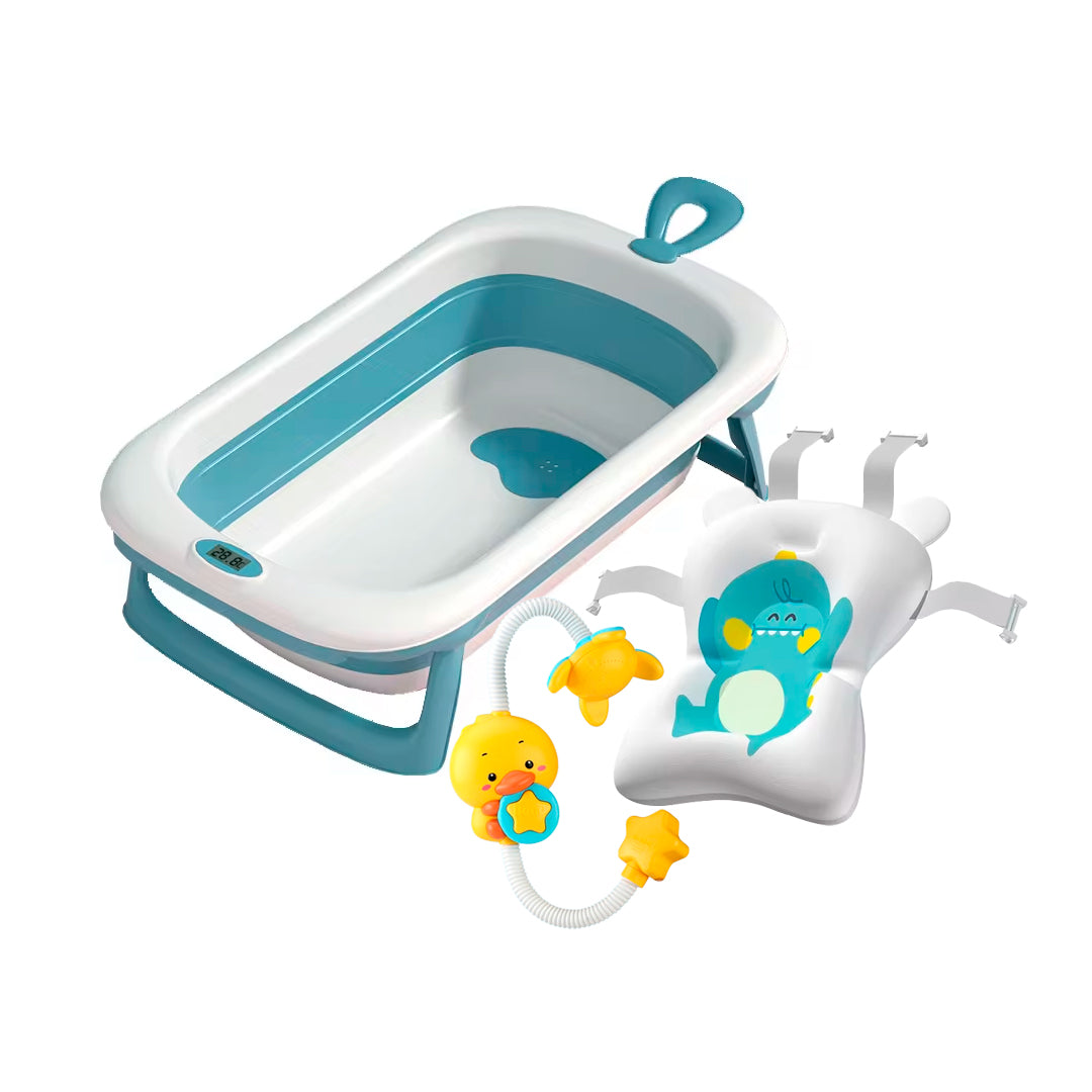 Combo Bañera plegable, almohadilla y ducha eléctrica de patito para bebé, bañera con patas antideslizantes y termómetro, ducha con rotación 360° y almohadilla de material suave de rápido secado - Maxibaby