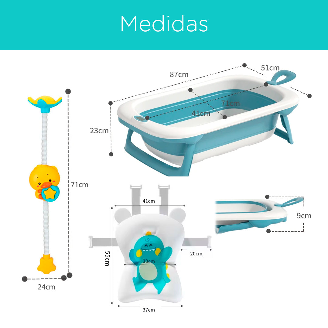 Combo Bañera plegable, almohadilla y ducha eléctrica de patito para bebé, bañera con patas antideslizantes y termómetro, ducha con rotación 360° y almohadilla de material suave de rápido secado - Maxibaby