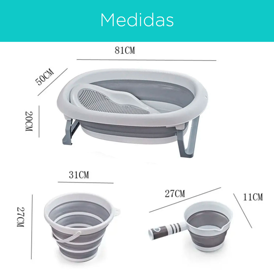 Bañera en set 4en1 con soporte, balde y regadera, con sistema de plegado compacto fácil de guardar cuando no se usa, hechos en materiales resistentes, con tapón de desagüe - Toimoys