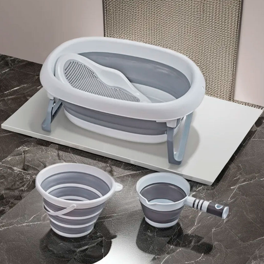 Bañera en set 4en1 con soporte, balde y regadera, con sistema de plegado compacto fácil de guardar cuando no se usa, hechos en materiales resistentes, con tapón de desagüe - Toimoys