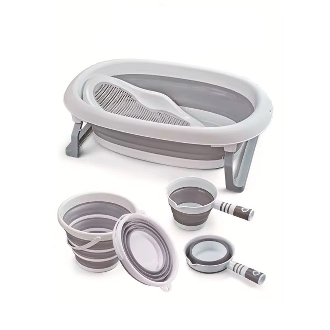 Bañera en set 4en1 con soporte, balde y regadera, con sistema de plegado compacto fácil de guardar cuando no se usa, hechos en materiales resistentes, con tapón de desagüe - Toimoys