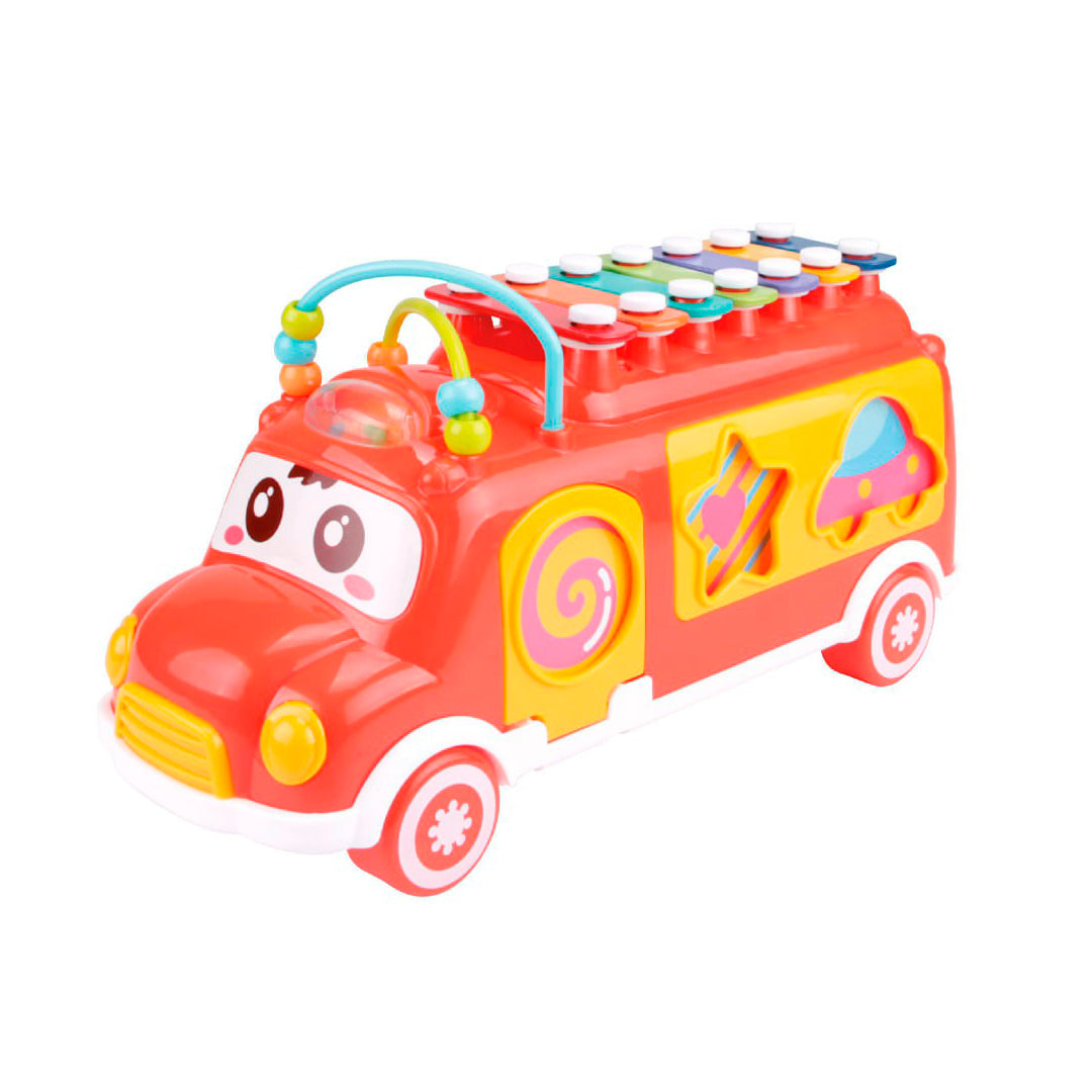 Autobús xilófono didáctico con juegos de encaje, juguete didáctico de aprendizaje para bebés, carrito clasificador de formas, instrumento musical - Huanger