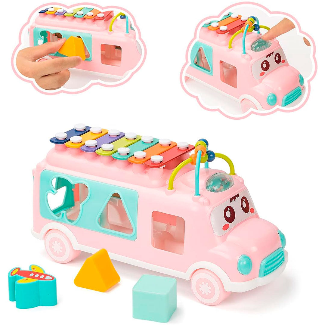 Autobús xilófono didáctico con juegos de encaje, juguete didáctico de aprendizaje para bebés, carrito clasificador de formas, instrumento musical - Huanger