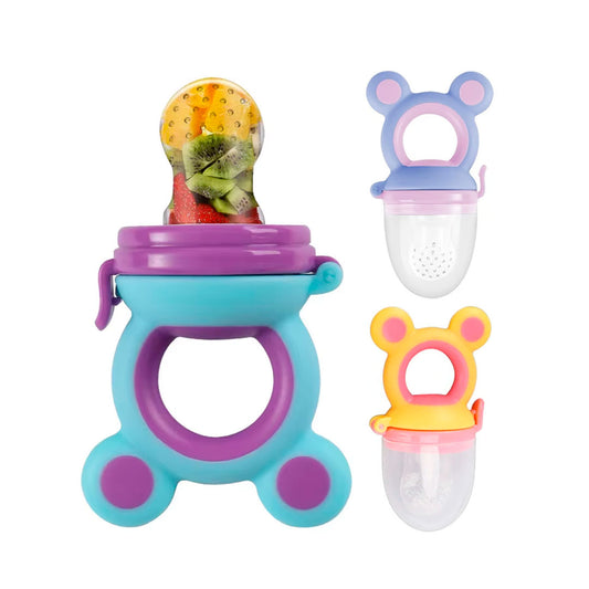 Chupa para frutas con diseño de orejitas, 100% libre de BPA, ideal para alimentación complementaria, hecha en silicona suave, colores vibrantes, con seguro antiderrame - OnlyBaby