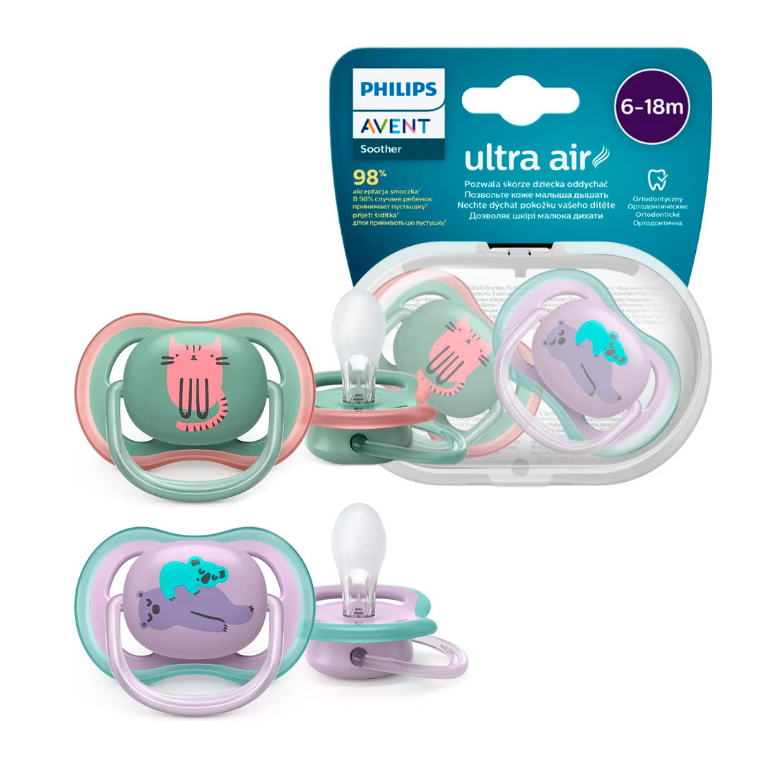 Chupas Ultra Air x2, 100% libres de BPA, con estampado para niña, 6 a 18 meses - Philips Avent