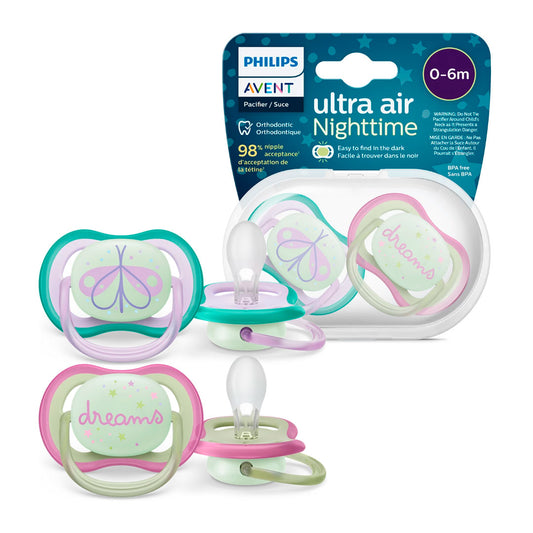 Chupas Ultra Air x2 Nighttime Dream Mariposa, libre de BPA, para niña 0 a 6 meses - Philips Avent