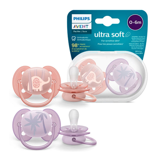 Chupa Ultra Soft x2 Elefante Palmera de 0 a 6 meses, ideal para piel sensible - Philips Avent