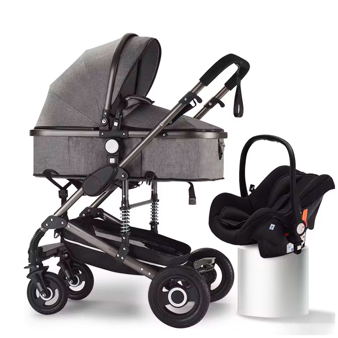 Coche Europeo B.CHILDHOOD 3 en 1 con portabebés, ajustable a paseador, con freno de llantas y  portabebés adaptable a la estructura del coche