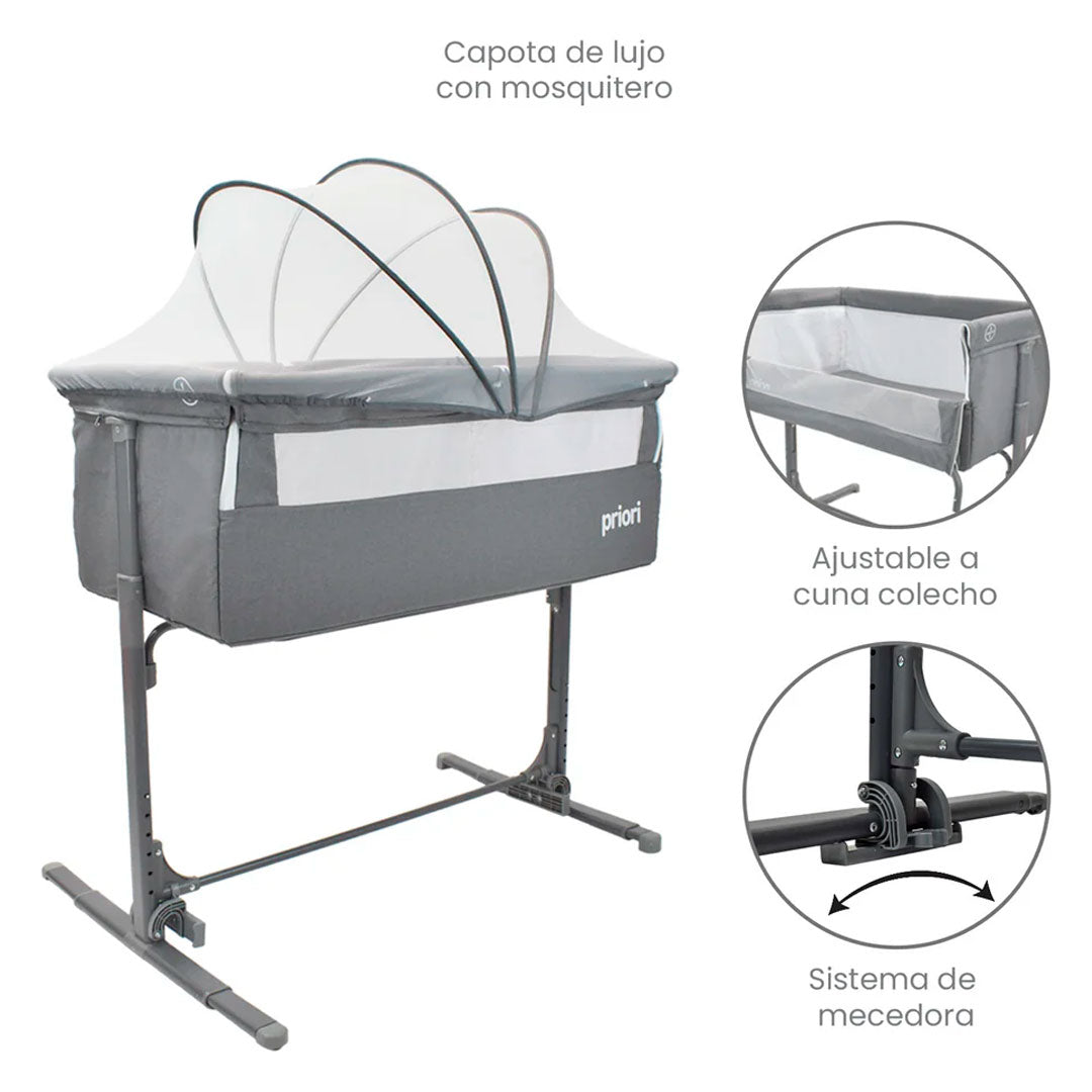 Cuna colecho con altura ajustable, sistema mecedora, mosquitero, 6 niveles de altura y bolsa para viaje - PRIORI