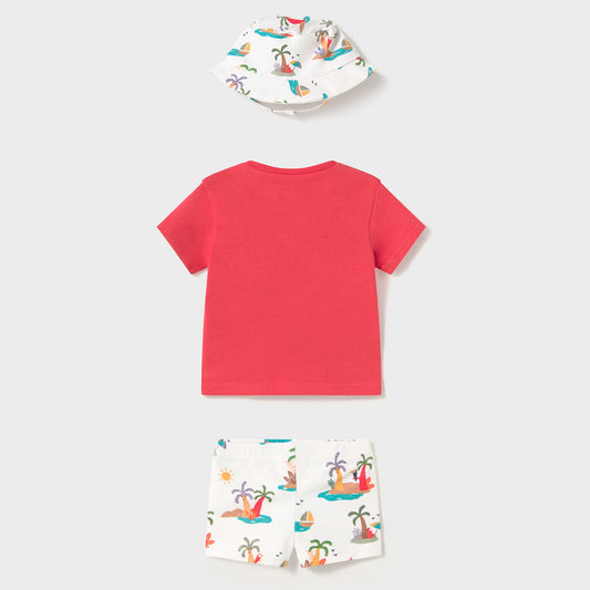 Conjunto de baño Tucán Rojo para bebé, set de camiseta, short de baño impermeable, gorro ajustable para cubrir del sol, ideal para días de playa o piscina - Mayoral