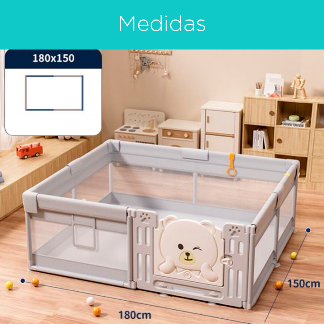 Corral de juegos Osito con puerta y pelotitas, Corral de juegos para bebé con centro de actividades de color gris claro para bebés, con base antideslizante y malla transpirable