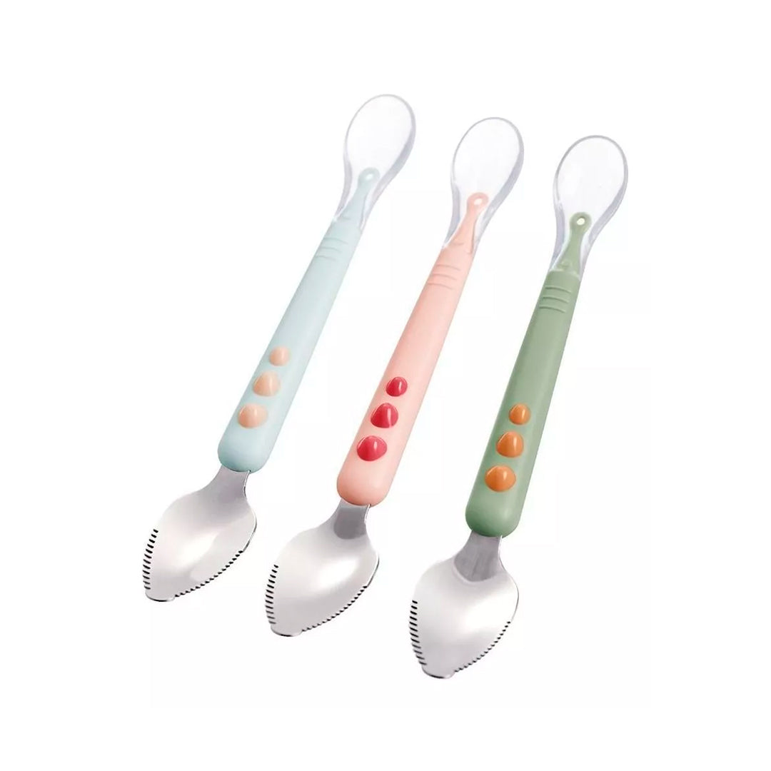 Cuchara multipropósito de doble cabeza una en silicona suave y otra para raspar frutas, etapa de alimentación complementaria - OnlyBaby