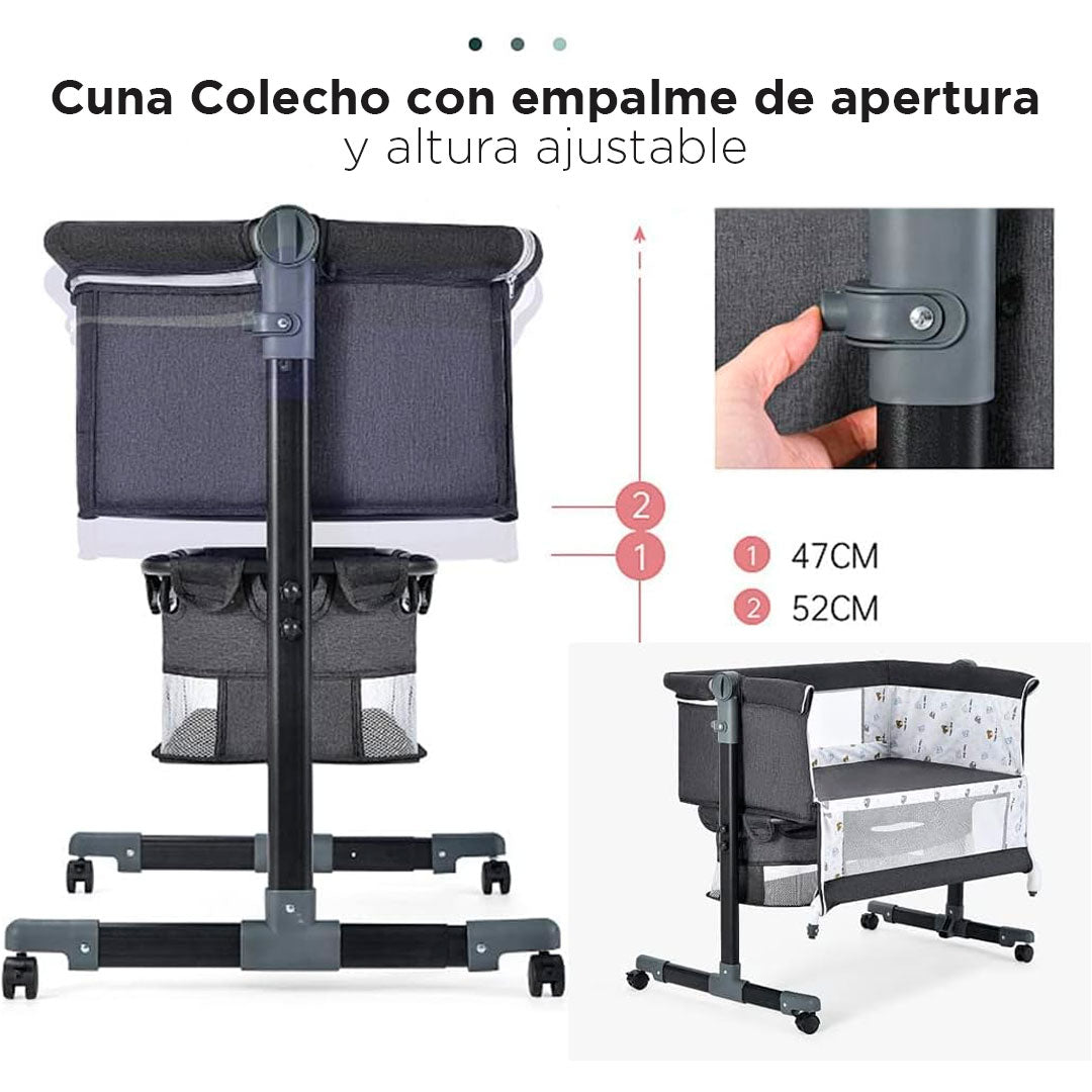 Cuna colecho para bebé recién nacido, con altura ajustable y ruedas con bloqueo, cesta de almacenamiento y mosquitero