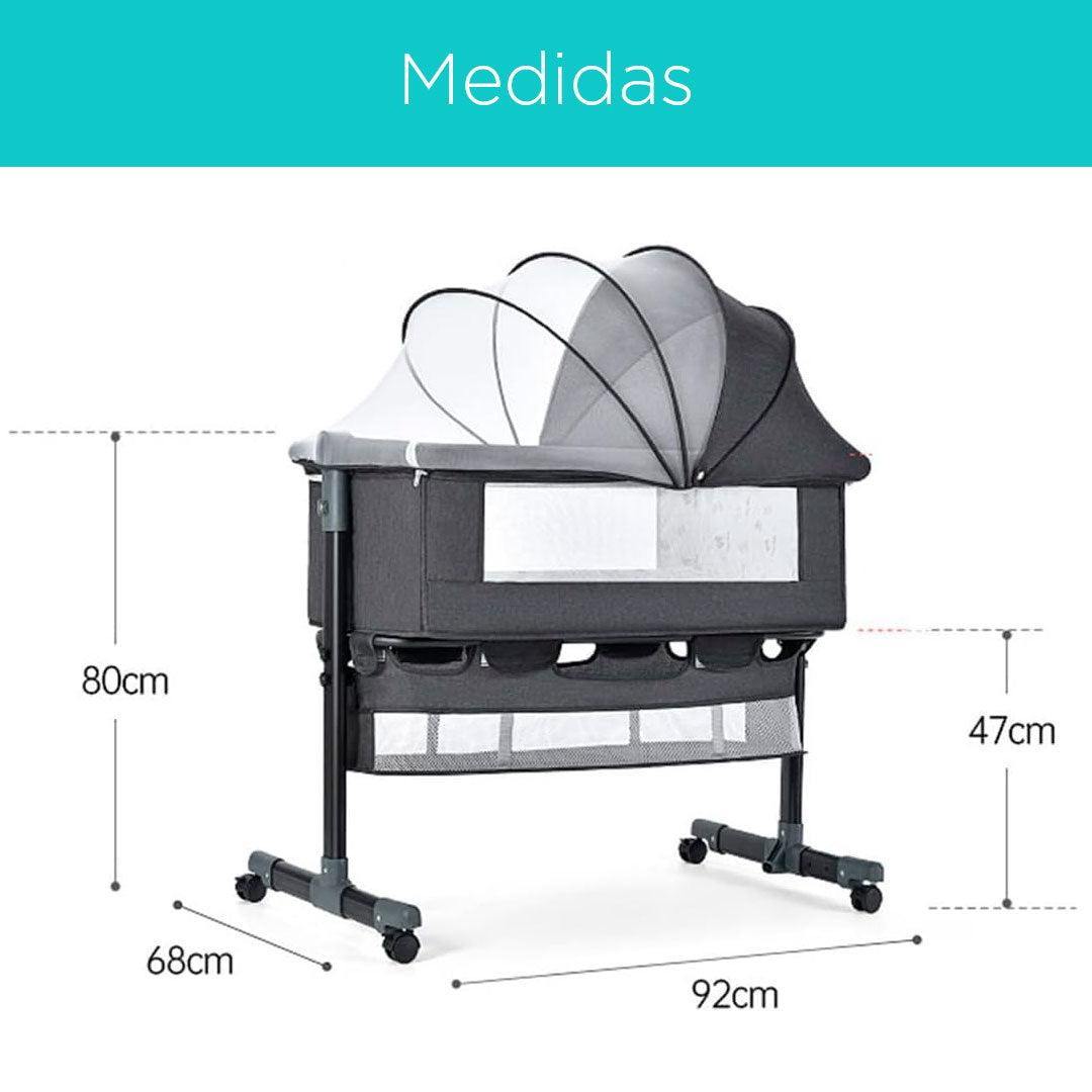 Cuna colecho para bebé recién nacido, con altura ajustable y ruedas con bloqueo, cesta de almacenamiento y mosquitero