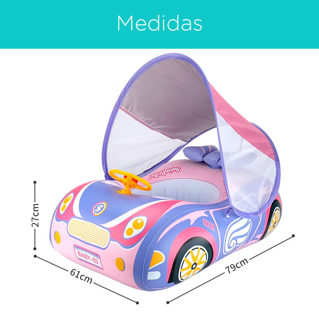 Flotador inflable con diseño de carrito, toldo cubresol ajustable con laterales en malla para mejor visibilidad, asiento de seguridad, respaldo antivuelco