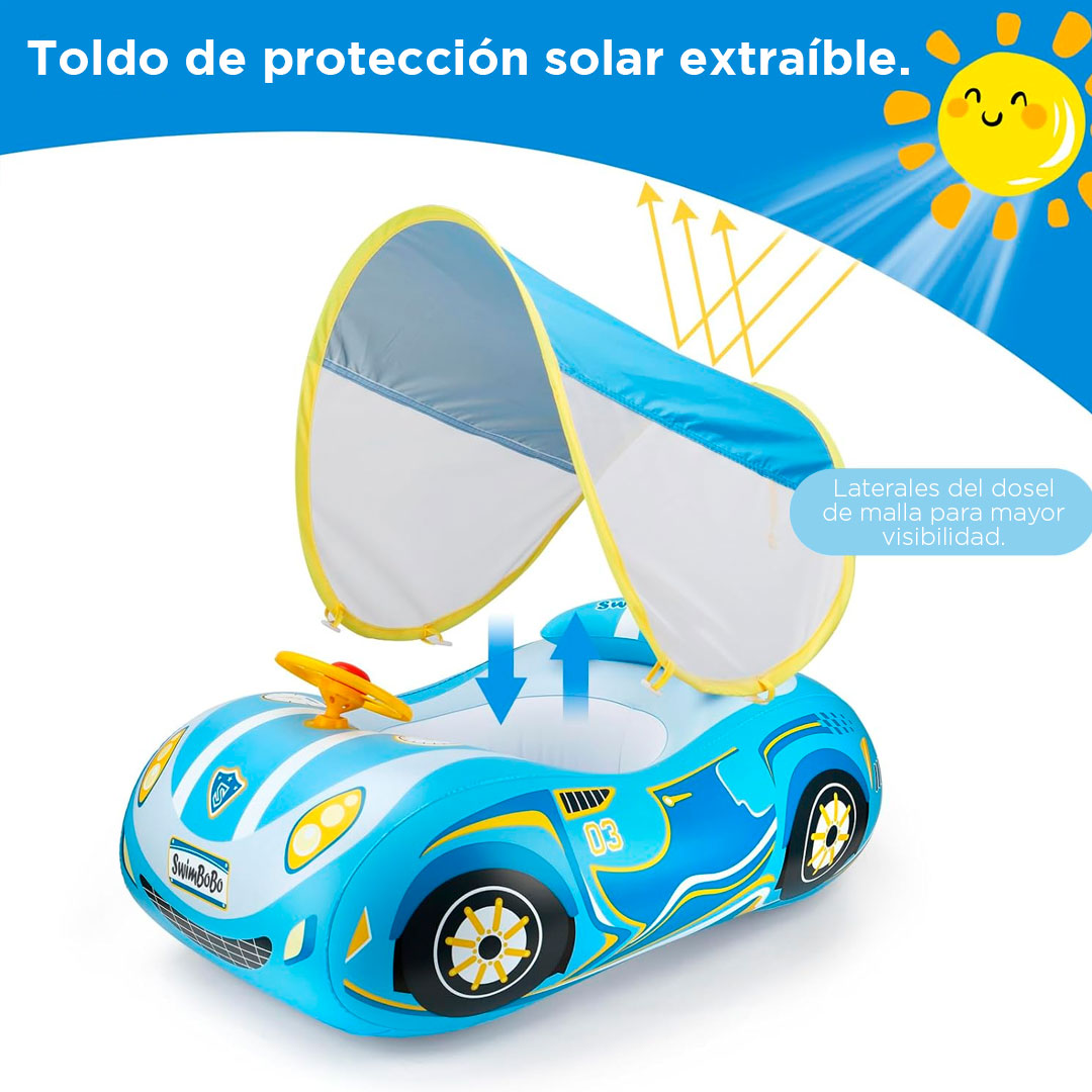 Flotador inflable con diseño de carrito, toldo cubresol ajustable con laterales en malla para mejor visibilidad, asiento de seguridad, respaldo antivuelco