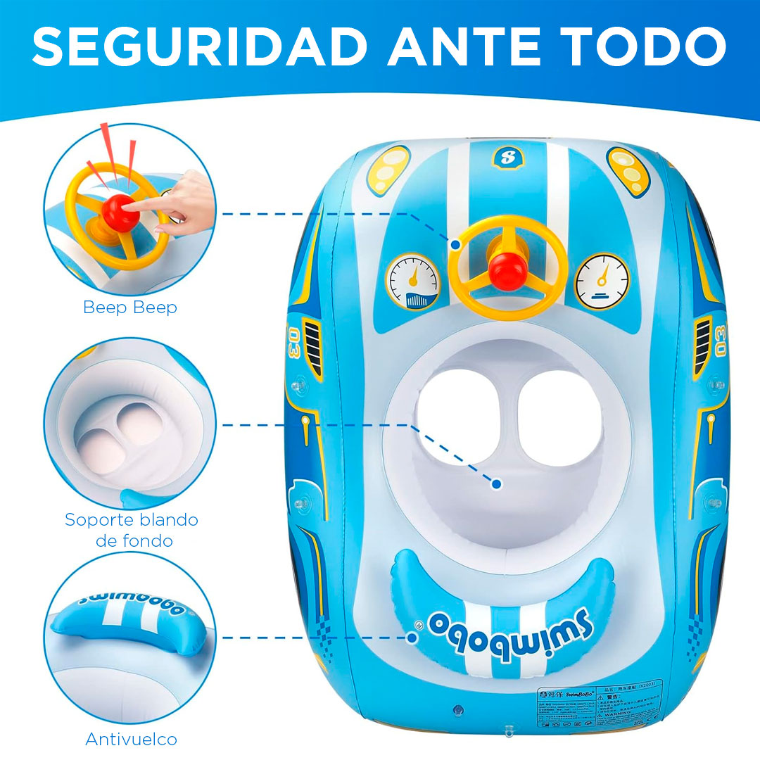 Flotador inflable con diseño de carrito, toldo cubresol ajustable con laterales en malla para mejor visibilidad, asiento de seguridad, respaldo antivuelco