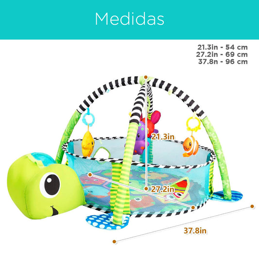 Gimnasio corral 3 en 1 de tortuga, tapete de juegos para bebé, pelotitas de juego, juguetes móviles, diseño y colores llamativos para el bebé