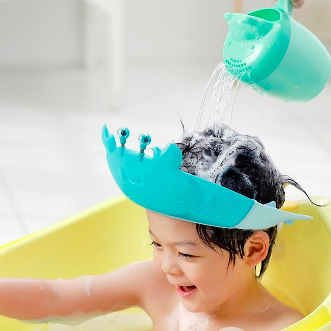 Gorro protector de cangrejo para baño, cubre ojos y oídos a la hora del baño, divertidos colores y forma, ajustable con correa, hecho en material resístete hipoalergénico