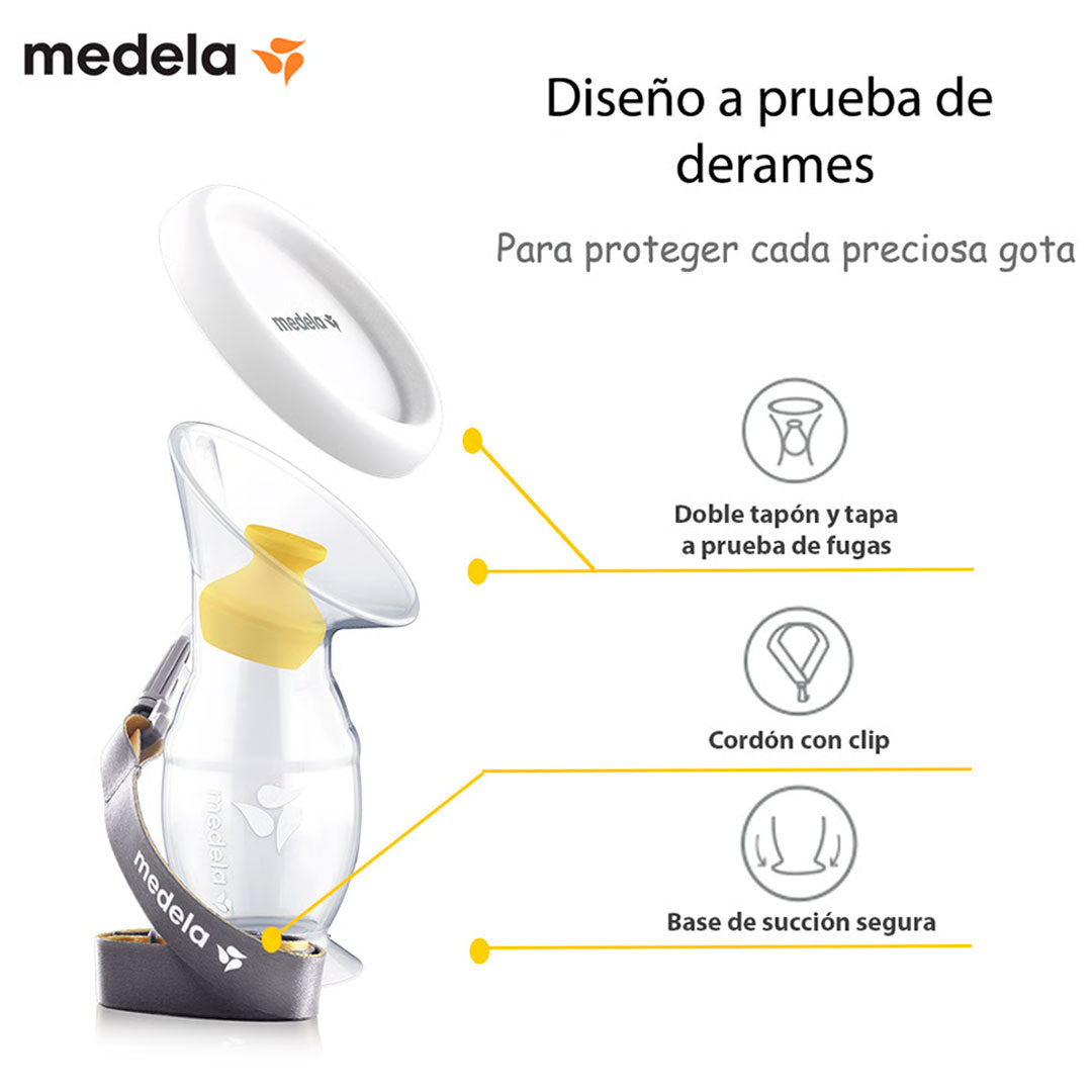 Hakka recolectora en silicona 100% BPA Free, de una capacidad de 100ml / 3.4 oz, con cordón para facilitar su uso, cuenta con tapa y base de sujeción segura - Medela