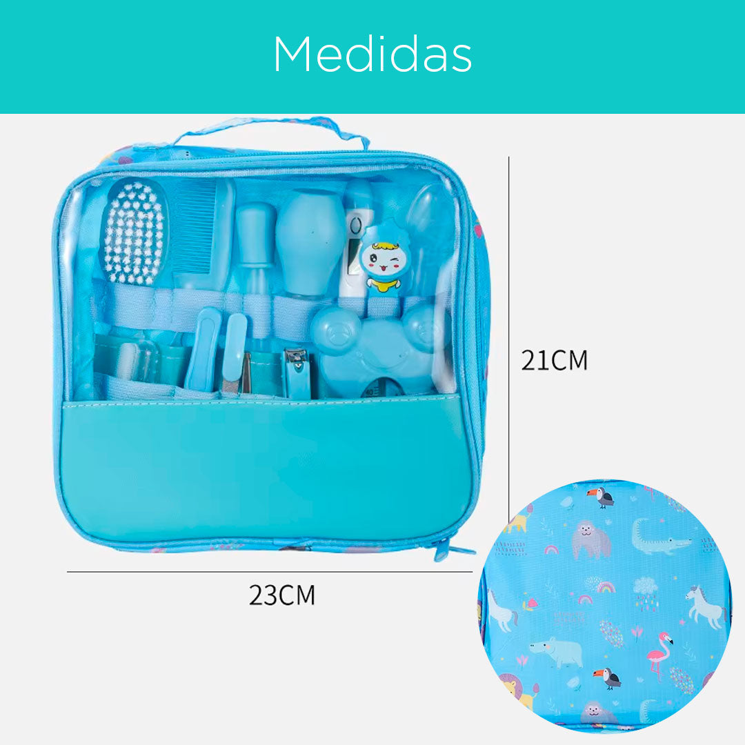 Kit de aseo bolso estampado de animalitos, set de aseo para bebé recién nacido, de 14 piezas incluyendo una lima eléctrica con cabezales intercambiables, cómodo estuche para facilitar el llevarlo