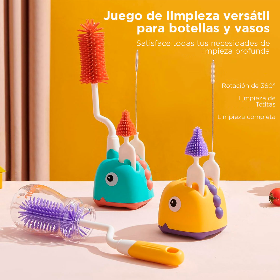 Juego de cepillos con soporte para teteros y accesorios, set de aseo para biberones 3 en 1 fácil de limpiar y secar, hecho en silicona de grado alimentario y 100% libre de BPA