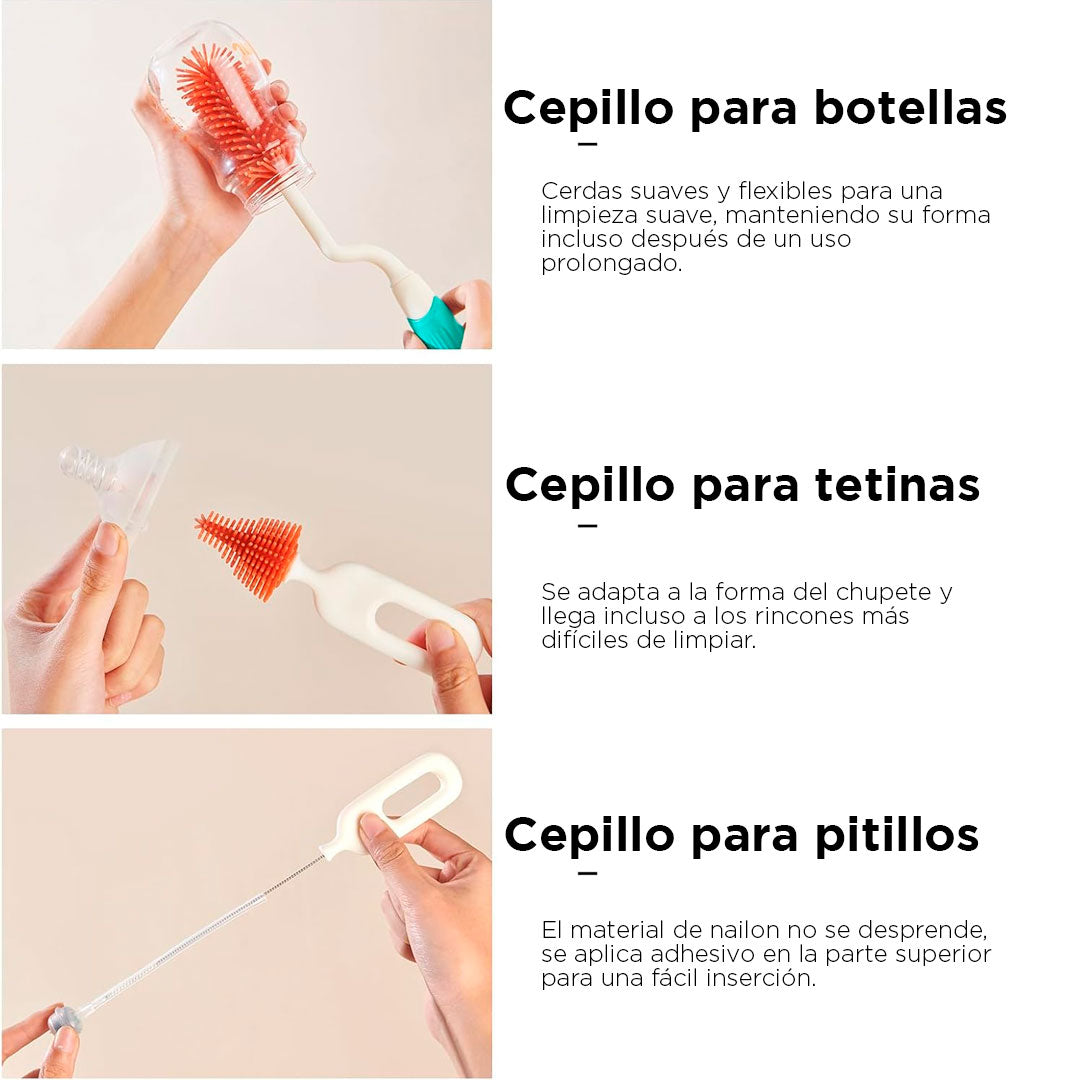 Juego de cepillos con soporte para teteros y accesorios, set de aseo para biberones 3 en 1 fácil de limpiar y secar, hecho en silicona de grado alimentario y 100% libre de BPA