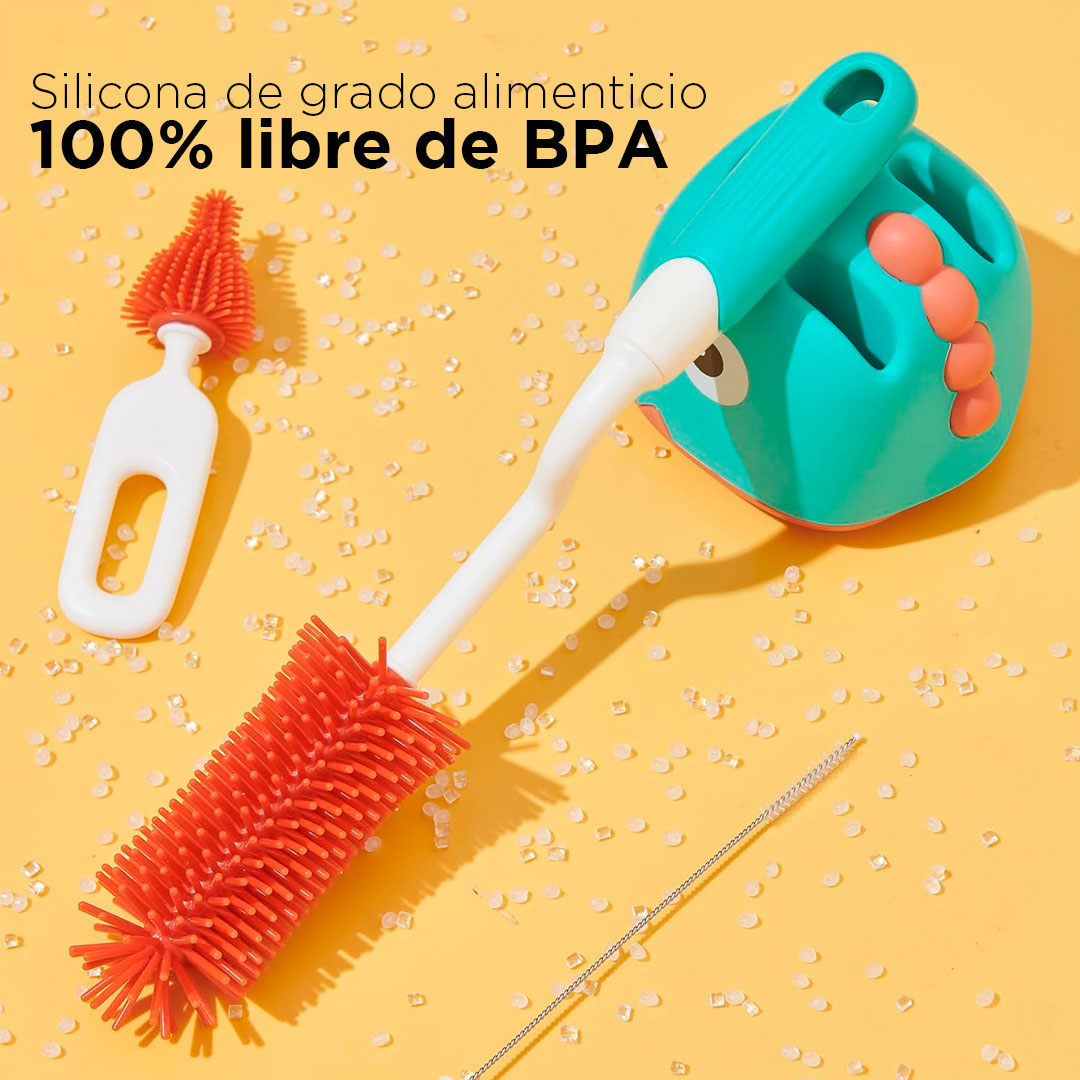 Juego de cepillos con soporte para teteros y accesorios, set de aseo para biberones 3 en 1 fácil de limpiar y secar, hecho en silicona de grado alimentario y 100% libre de BPA