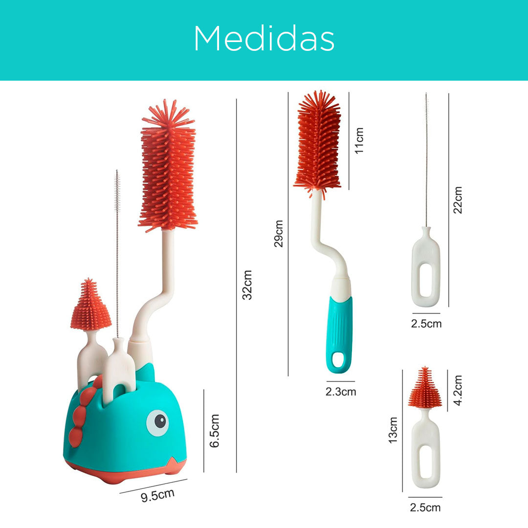 Juego de cepillos con soporte para teteros y accesorios, set de aseo para biberones 3 en 1 fácil de limpiar y secar, hecho en silicona de grado alimentario y 100% libre de BPA