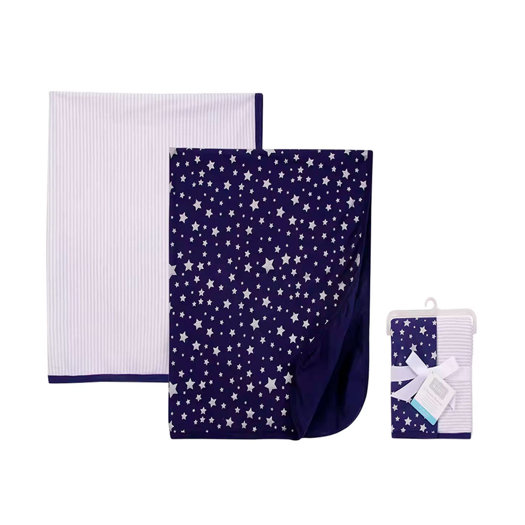 Set x2 Mantillas azul/estrellas para bebé, mantas con diseño estampado, de 76x76cm, hechas 100% de algodón suave y transpirable para bebé - Hudson Baby