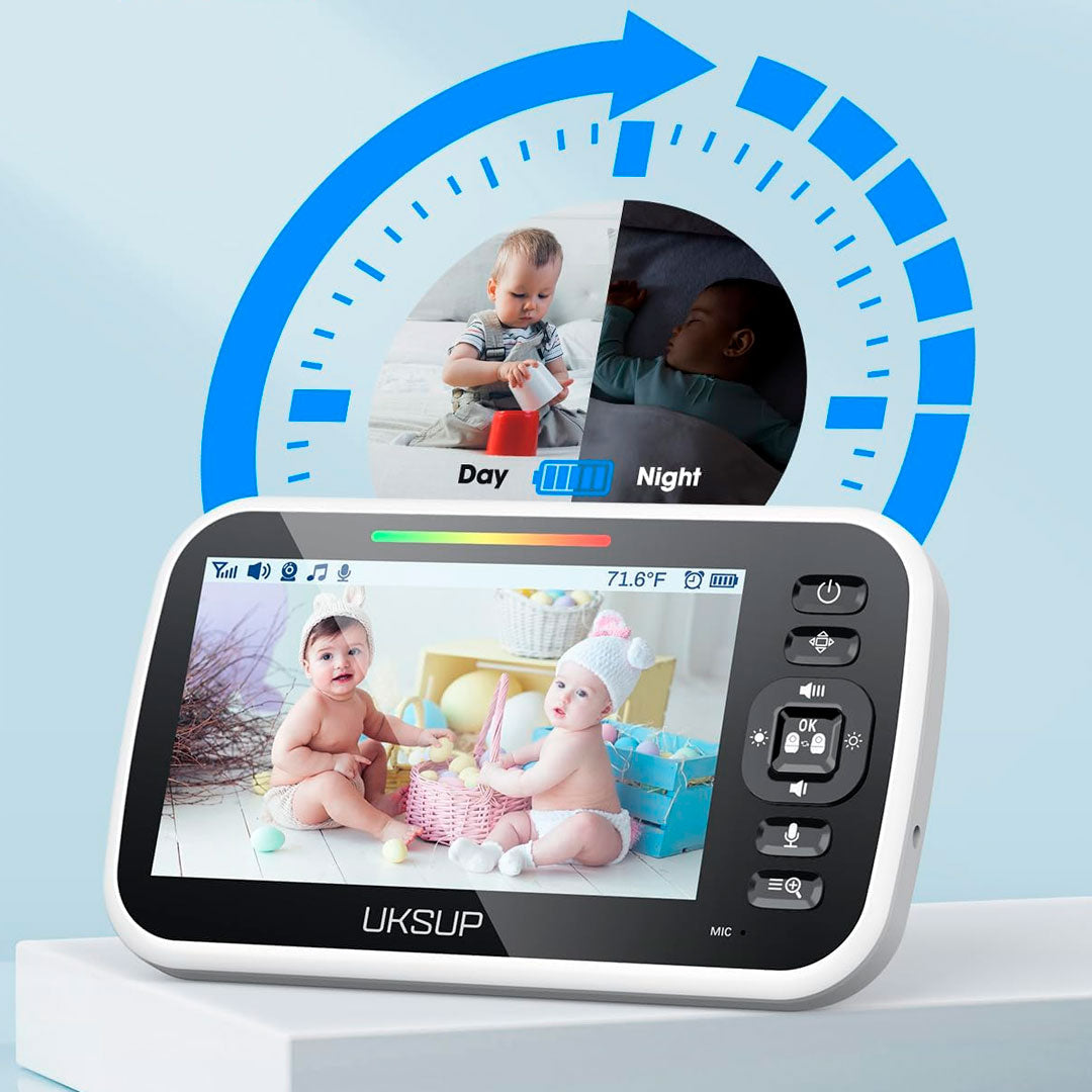 Monitor para bebés con cámara y audio bidireccional, monitor de video para bebés con pantalla de 5" de larga duración de batería, control remoto de movimiento - UKSUP