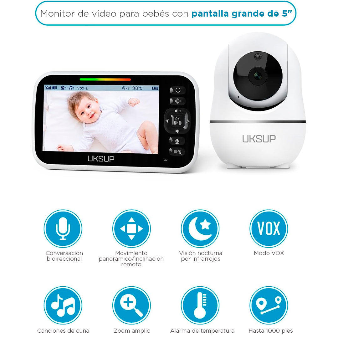 Monitor para bebés con cámara y audio bidireccional, monitor de video para bebés con pantalla de 5" de larga duración de batería, control remoto de movimiento - UKSUP