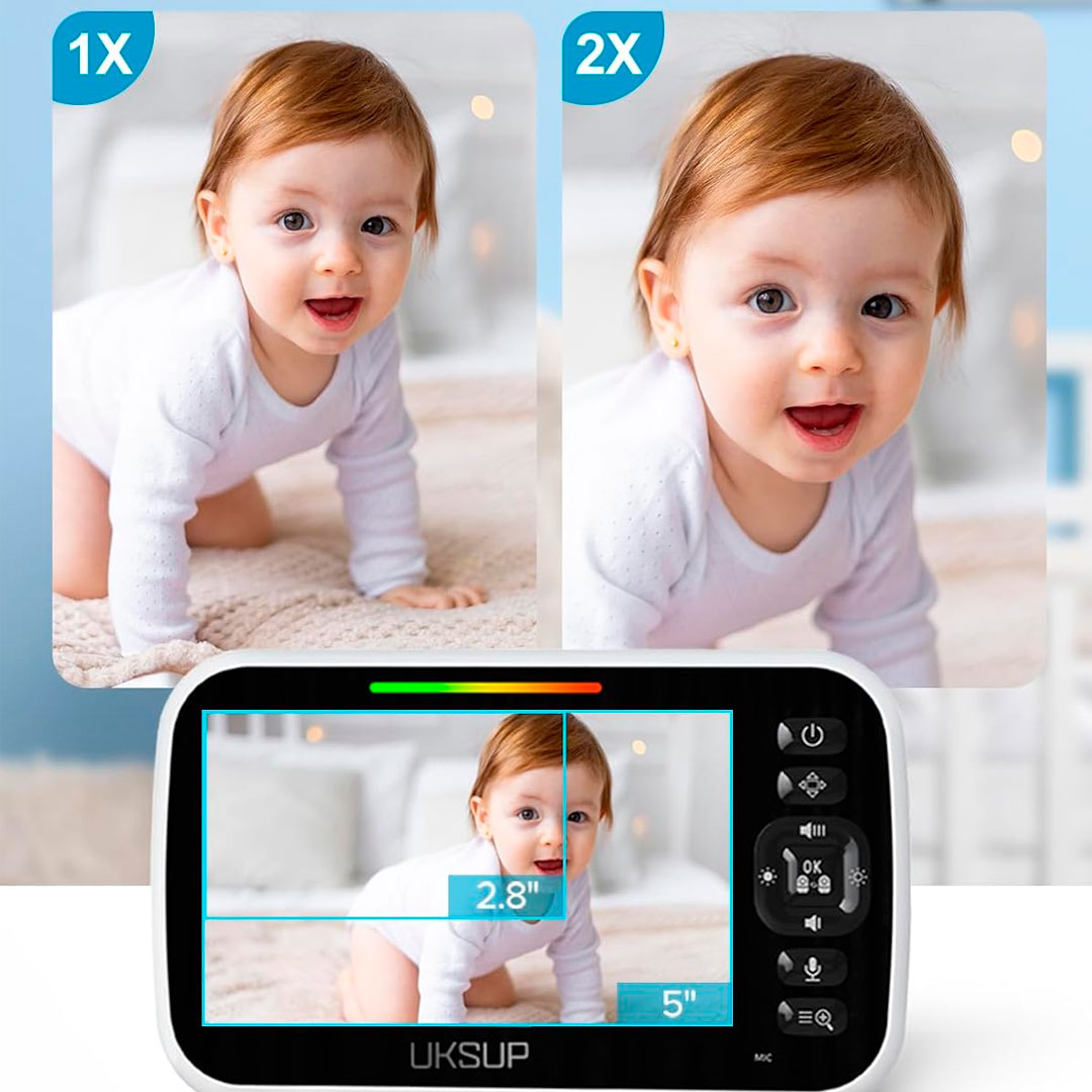 Monitor para bebés con cámara y audio bidireccional, monitor de video para bebés con pantalla de 5" de larga duración de batería, control remoto de movimiento - UKSUP