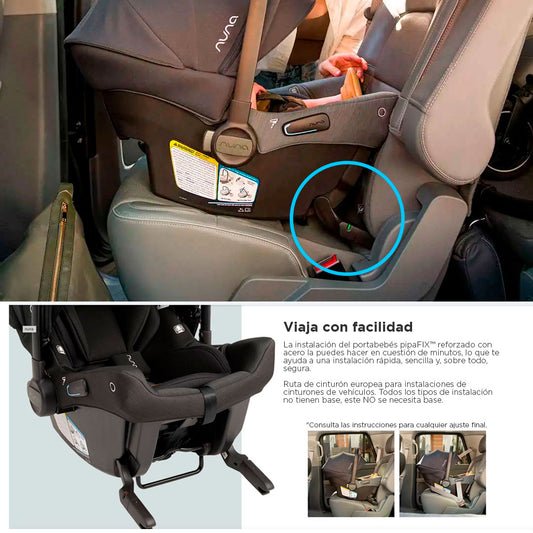 Coche paseador con portabebés "Triv Next", con espaldar reclinable, arnés de seguridad de 5 puntos, barra de empuje ajustable y detalles en cuero sintético - Nuna