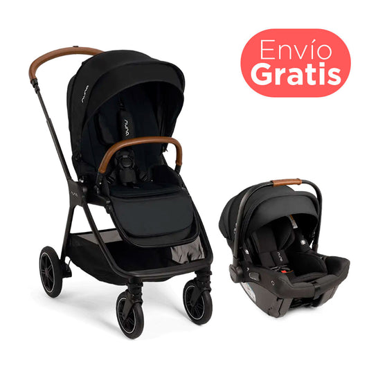 Coche paseador con portabebés "Triv Next", con espaldar reclinable, arnés de seguridad de 5 puntos, barra de empuje ajustable y detalles en cuero sintético - Nuna