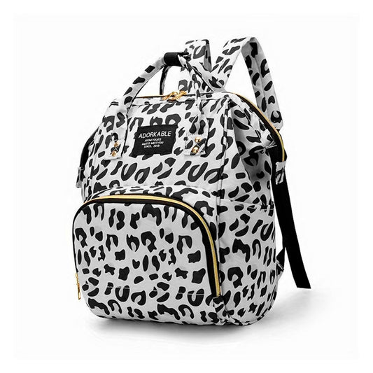 Pañalera morral con diseño estampado Animal Print, bolso multifuncional de gran capacidad, con múltiples separaciones como bolsillos térmicos y bolsillo trasero