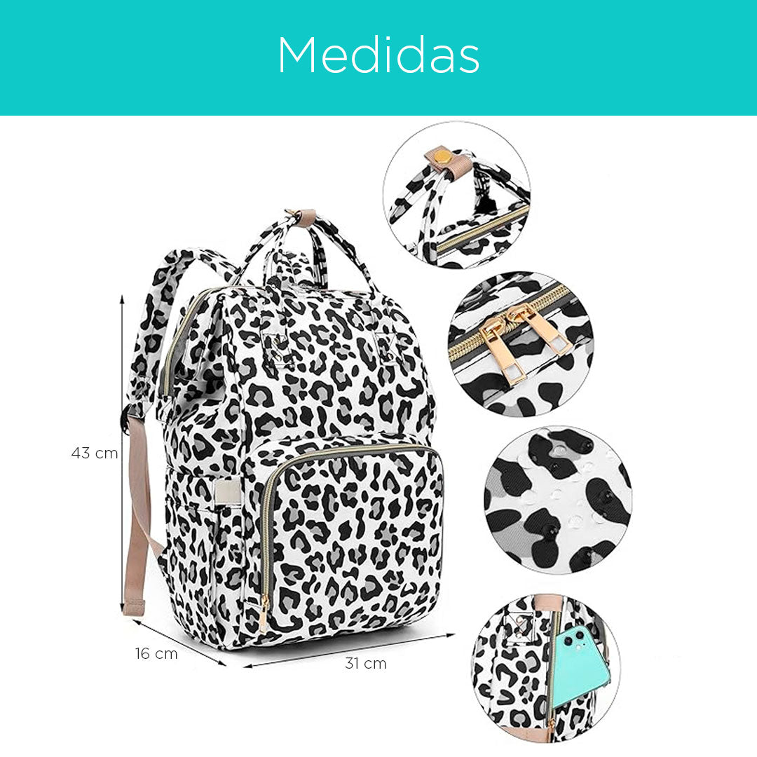 Pañalera morral con diseño estampado Animal Print, bolso multifuncional de gran capacidad, con múltiples separaciones como bolsillos térmicos y bolsillo trasero