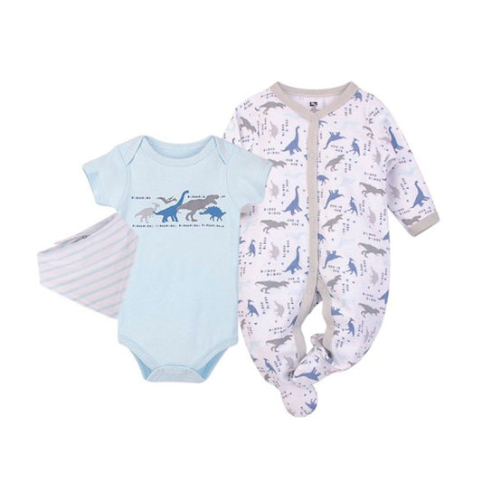 Set pijama x3 piezas con estampado de dinosaurios, conjunto de mameluco manga larga con medias, mameluco manga corta y bandana, tela transpirable y antialérgica - Hudson Baby