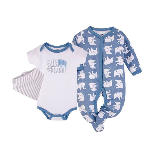 Set pijama x3 piezas azul y blanco con elefantes, conjunto de mameluco manga larga con medias, mameluco manga corta y bandana, tela transpirable y antialérgica - Hudson Baby