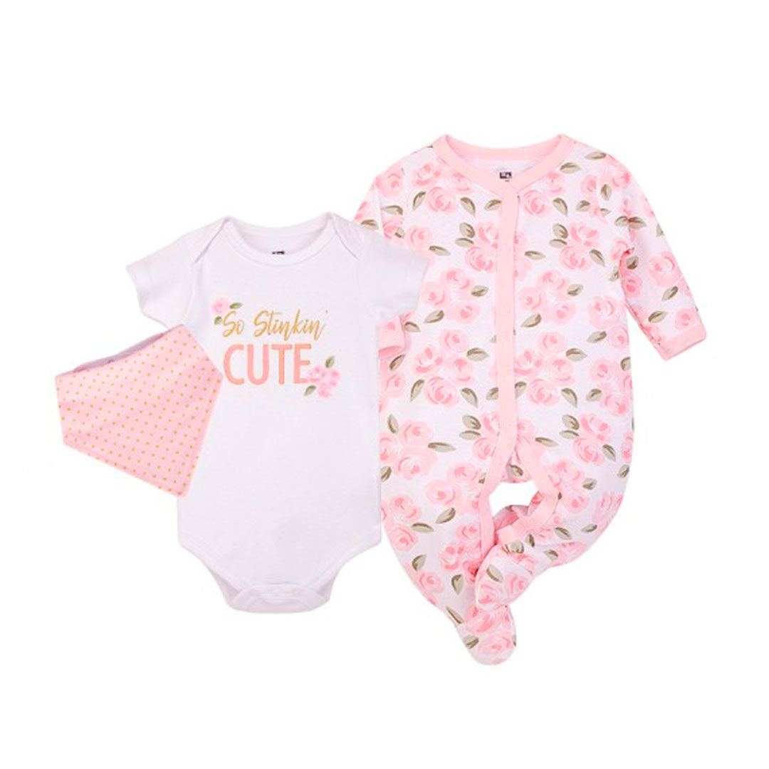 Set pijama x3 piezas banco con rosas, conjunto de mameluco manga larga con medias, mameluco manga corta y bandana, tela transpirable y antialérgica - Hudson Baby