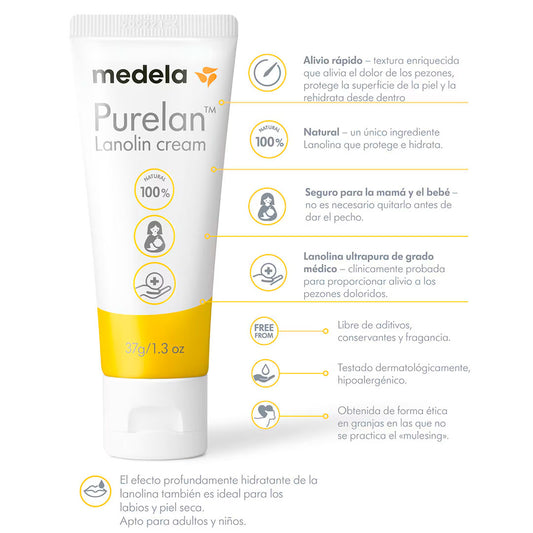 Crema de lanolina Purelan para pezones, de un solo ingrediente 100% natural sin aditivos ni fragancia añadida, dermatológicamente probada - Medela