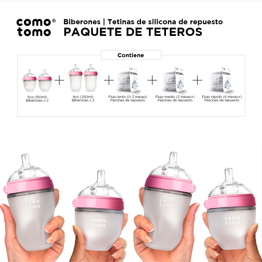 Set x4 teteros y tetinas repuesto, de cuello ancho, hechos de silicona suave libre de BPA, diseñados para imitar lactancia materna - comotomo