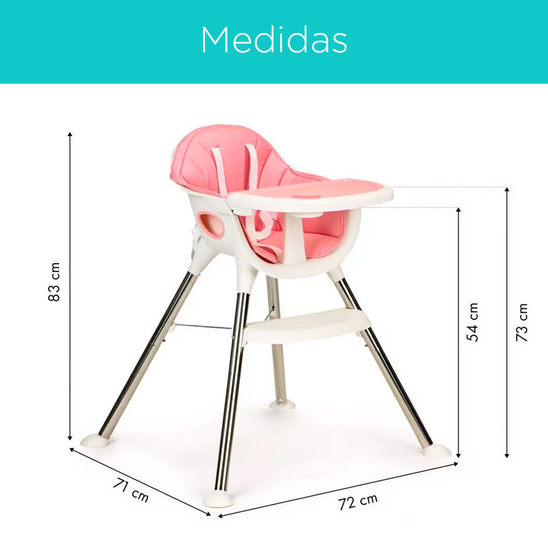 Silla comedor 4en1 rosada con aluminio, acolchada, con cesta de almacenamiento y doble bandeja