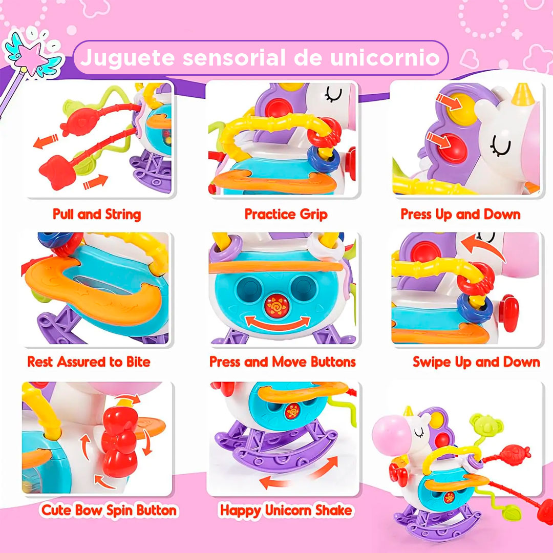 Juguete sensorial multiactividades de unicornio, diseño y colores llamativos, juegos de cuerda, giros y sonidos que incentivan la exploración del juguete en tu bebé