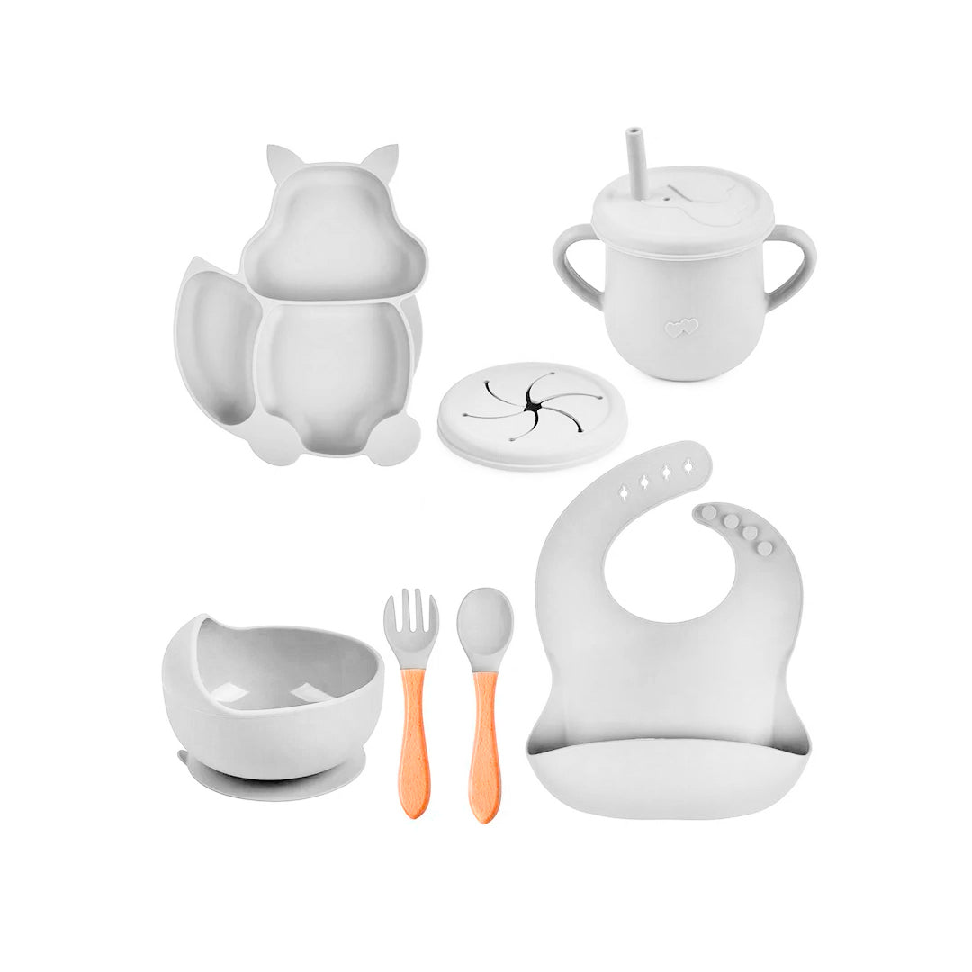 Set vajilla Ardilla de 8pz en silicona, combo de alimentación complementaria  libres de BPA, babero, plato, tazón y cubiertos, de material seguro y resistente - Color & Life