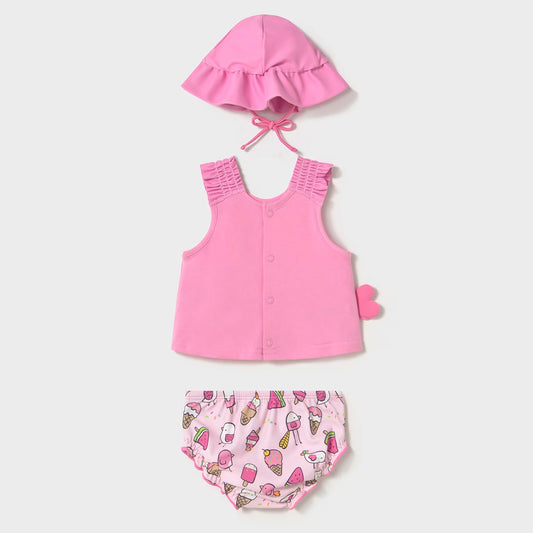 Vestido de baño Palomita rosa con heladitos para bebé, set de baño de 3pz con gorrito para protección solar, divertido diseño y color vibrante - Mayoral