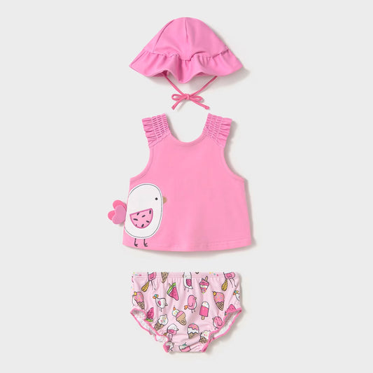 Vestido de baño Palomita rosa con heladitos para bebé, set de baño de 3pz con gorrito para protección solar, divertido diseño y color vibrante - Mayoral