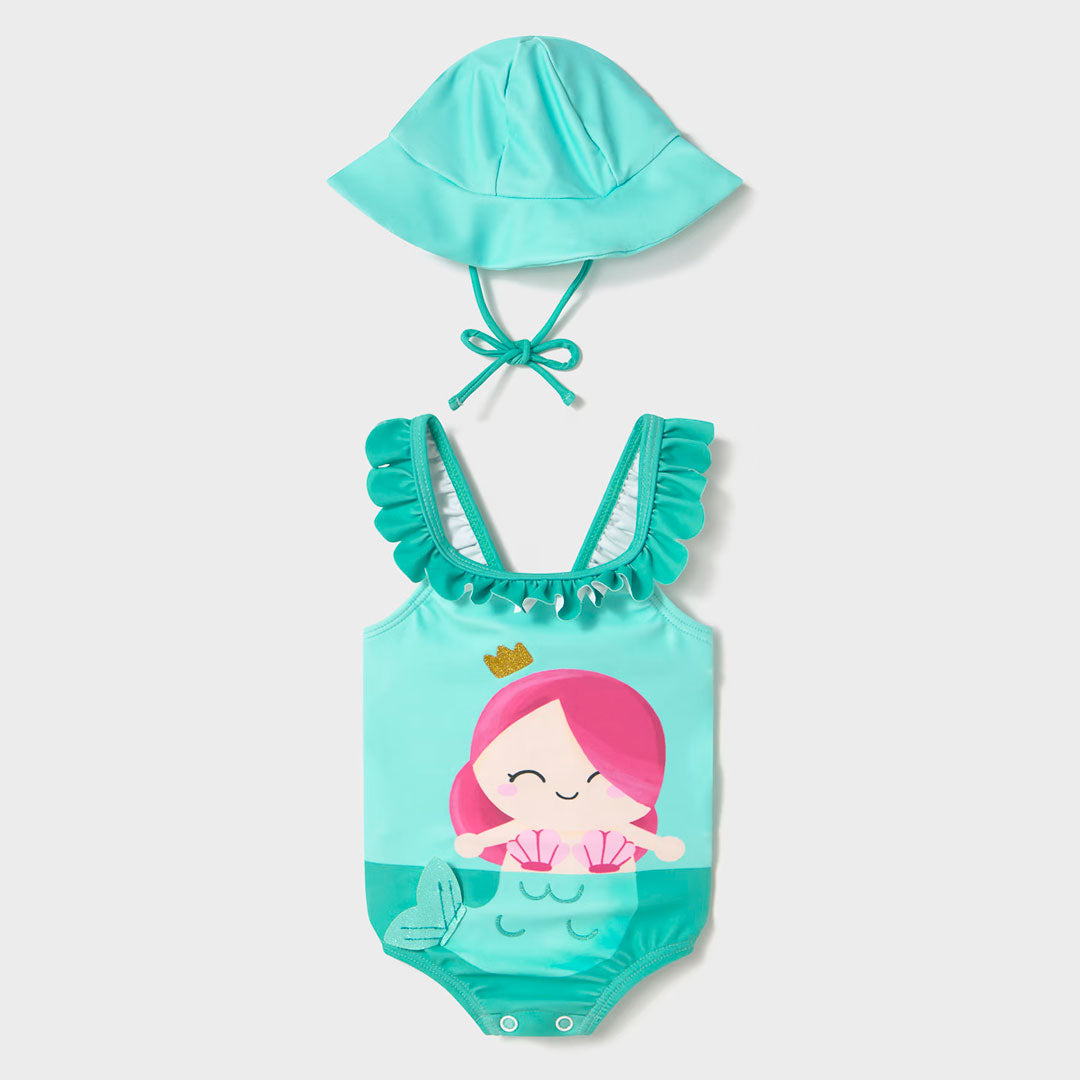 Vestido de baño verde menta Sirenita para bebé, set de baño de 2pz con gorrito para protección solar, divertido diseño y color vibrante - Mayoral